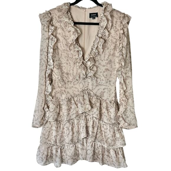 Bardot Alessia Tan Frill Ruffled Long Sleeved Mini Dress Size Medium 8 - Picture 4 of 9